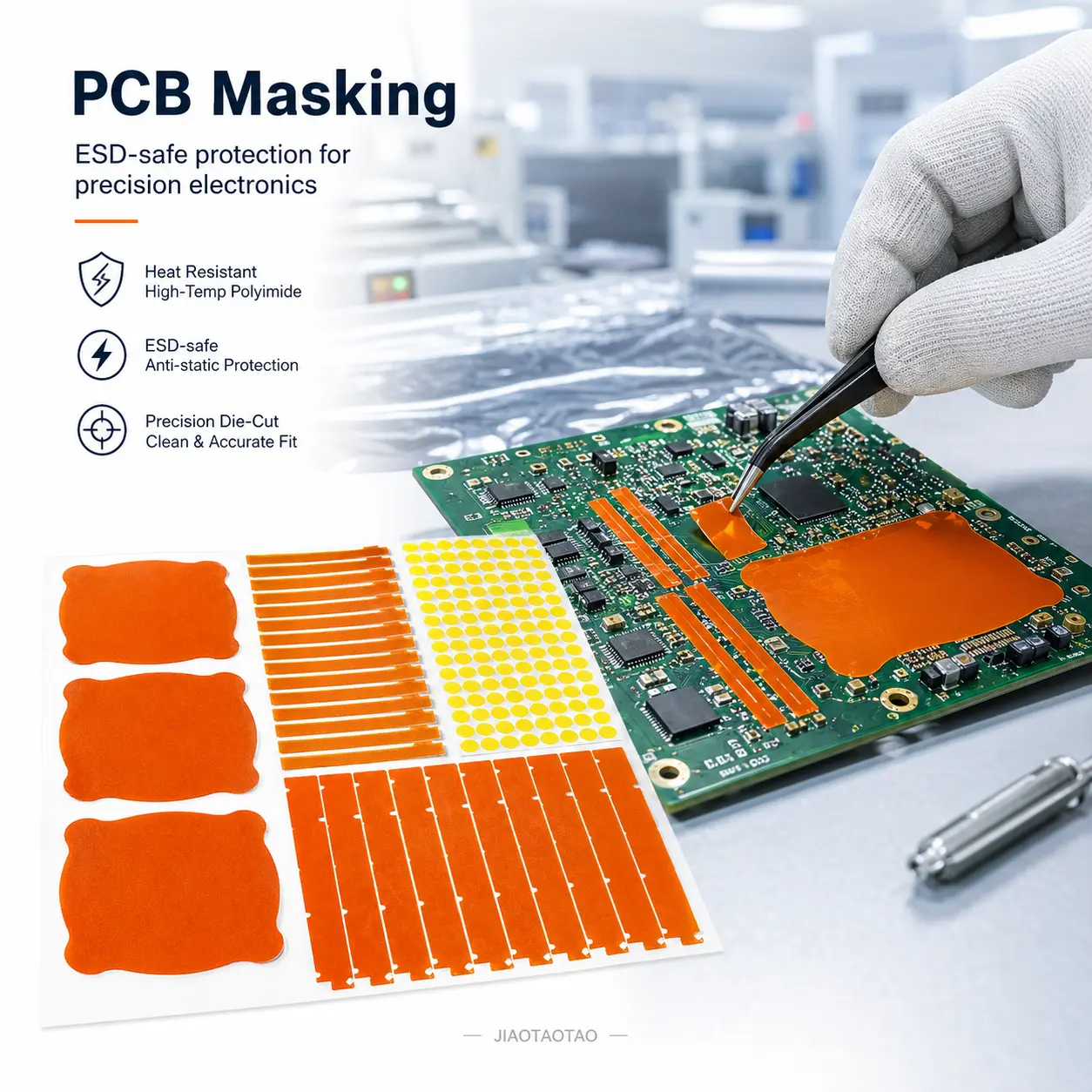 JIAOTAOTAO die cut ESD polyimide tape for custom insulation parts and PCB masking.
